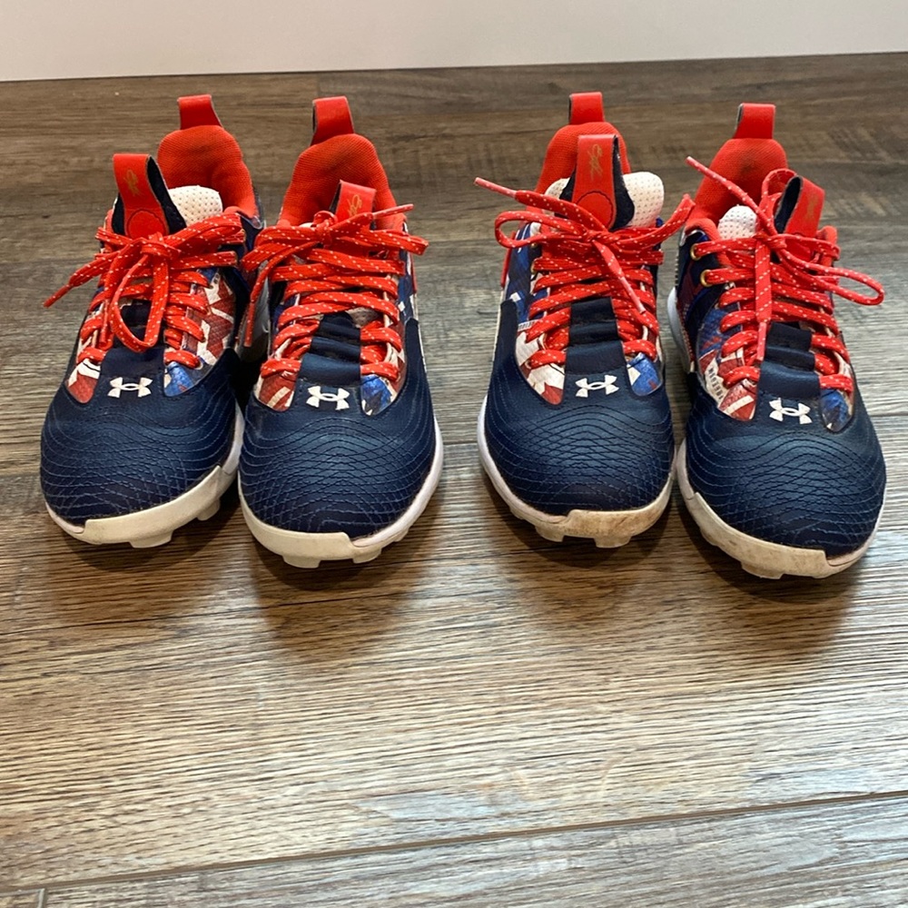 Kids UA Harper baseball cleats, USA theme, size 3Y. 2 pairs available.